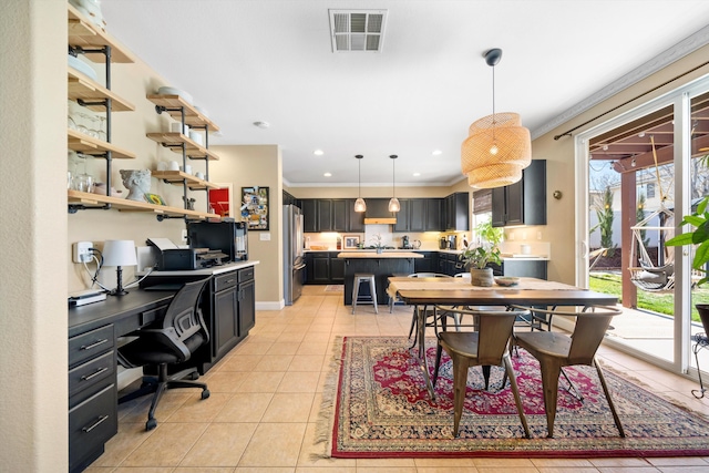 dining area featuring ornamental molding, light tile patterned flooring, visible vents, and recessed lighting