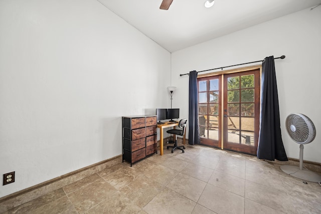 office space featuring ceiling fan and lofted ceiling