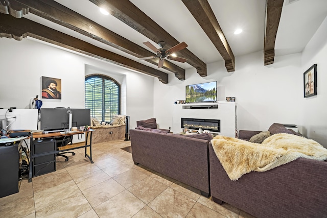 tiled living room featuring beam ceiling and ceiling fan