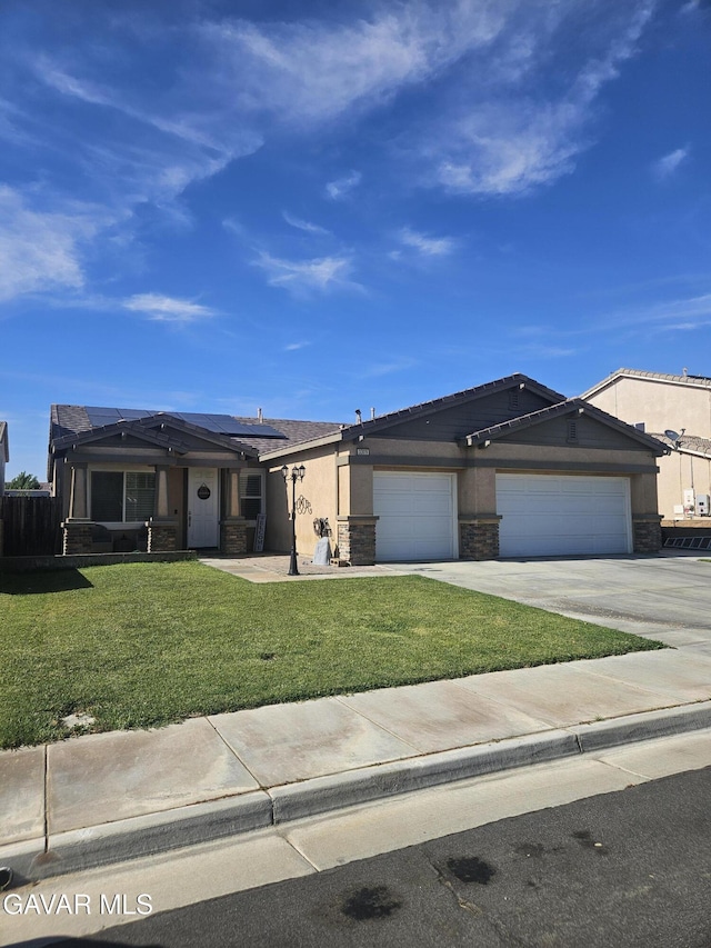 3309 W Brabham Ave, Rosamond, CA 93560 - ranch-style house featuring an attached garage, concrete driveway, a front yard, solar panels, and stucco siding