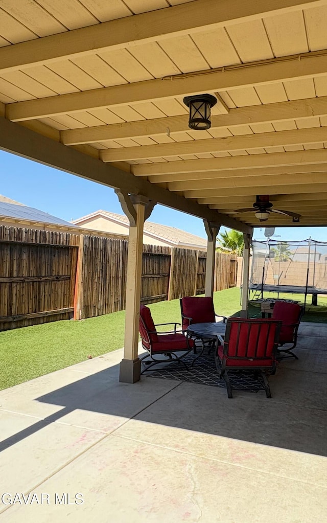 3309 W Brabham Ave, Rosamond, CA 93560 - fenced backyard with a patio and a ceiling fan