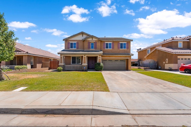 view of front of house with a porch, a garage, and a front lawn