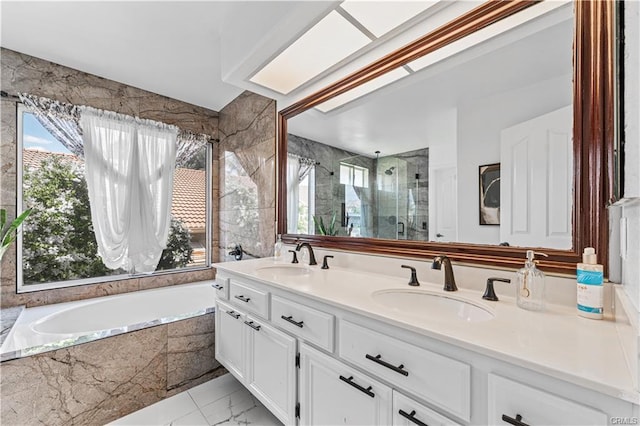 28314 Easton Ln, Saugus, CA 91350 - full bath with marble finish flooring, a shower stall, a bath, and double vanity