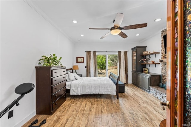 28314 Easton Ln, Saugus, CA 91350 - bedroom featuring light wood-type flooring, ornamental molding, recessed lighting, and ceiling fan