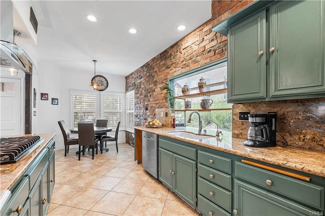 28314 Easton Ln, Saugus, CA 91350 - kitchen featuring stainless steel appliances, green cabinetry, light tile patterned floors, tasteful backsplash, and recessed lighting