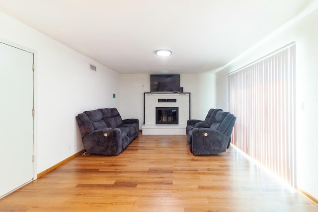 living room with a fireplace and light hardwood / wood-style floors