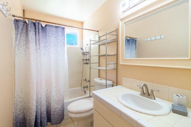 full bathroom with toilet, tile patterned floors, vanity, and shower / tub combo with curtain