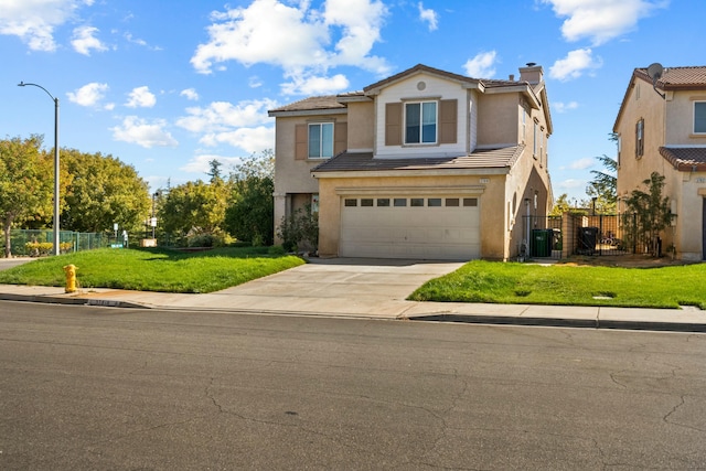 view of property with a front yard, central AC, and a garage