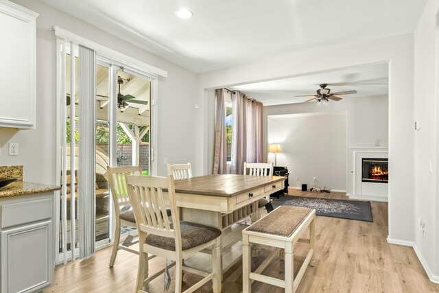 dining area with light hardwood / wood-style floors and ceiling fan