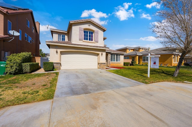 view of front facade with stucco siding, concrete driveway, an attached garage, stone siding, and a front lawn