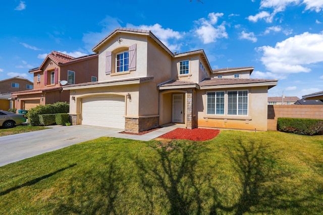 mediterranean / spanish-style home with fence, stone siding, driveway, stucco siding, and a front yard