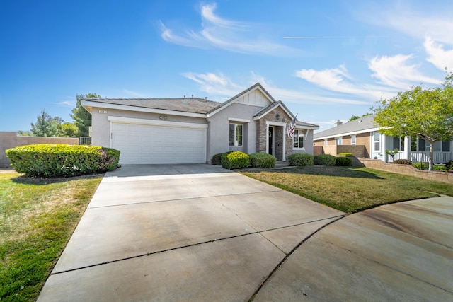ranch-style house with an attached garage, stucco siding, fence, concrete driveway, and a front yard