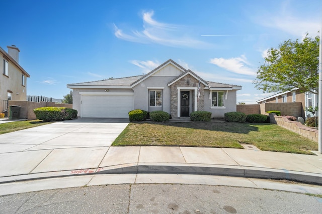 ranch-style house featuring fence, an attached garage, concrete driveway, stucco siding, and a front lawn