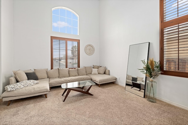 living area with a high ceiling, carpet flooring, and baseboards