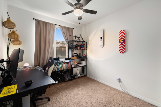 office with carpet flooring, baseboards, and ceiling fan