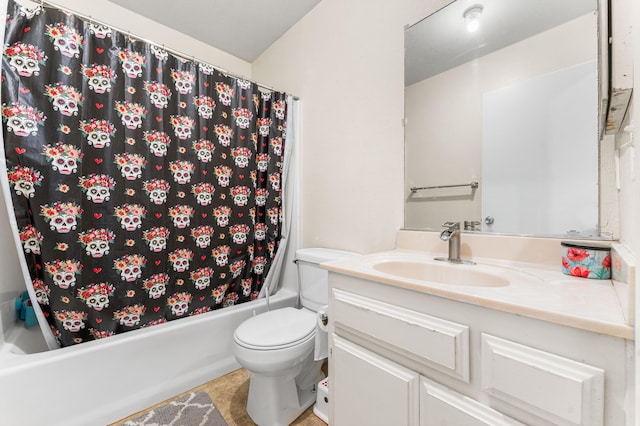 bathroom with vanity, toilet, and shower / tub combo with curtain