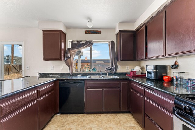 kitchen featuring stainless steel gas range oven, a sink, a peninsula, light tile patterned flooring, and dishwasher