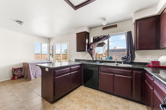 kitchen with dishwasher, a peninsula, plenty of natural light, and a sink