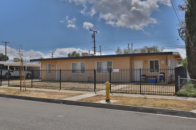 ranch-style house featuring a fenced front yard