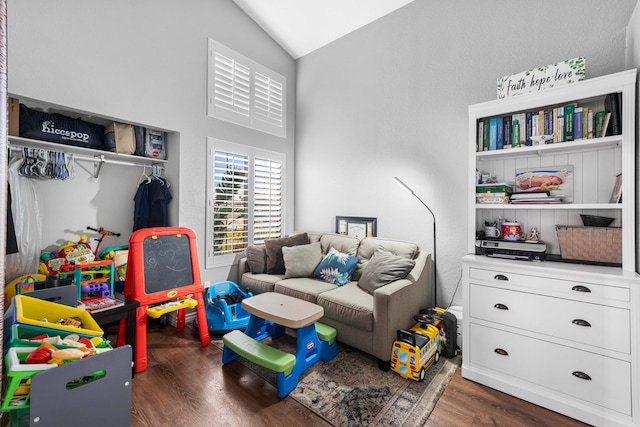 rec room with vaulted ceiling and dark hardwood / wood-style floors