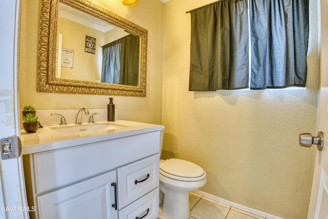 37214 Bunker Ct, Palmdale, CA 93550 - bathroom featuring vanity, tile patterned floors, crown molding, and a textured wall