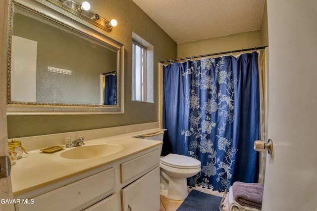 37214 Bunker Ct, Palmdale, CA 93550 - bathroom featuring a textured wall, vanity, a textured ceiling, tile patterned floors, and a shower with curtain