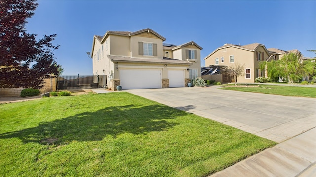 3929 Derby Cir, Quartz Hill, CA 93536 - traditional home with a gate, a garage, concrete driveway, stucco siding, and roof mounted solar panels
