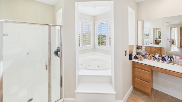 3929 Derby Cir, Quartz Hill, CA 93536 - bathroom featuring a stall shower, a whirlpool tub, vanity, and healthy amount of natural light