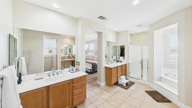 3929 Derby Cir, Quartz Hill, CA 93536 - ensuite bathroom with a bath, vanity, a stall shower, tile patterned floors, and recessed lighting