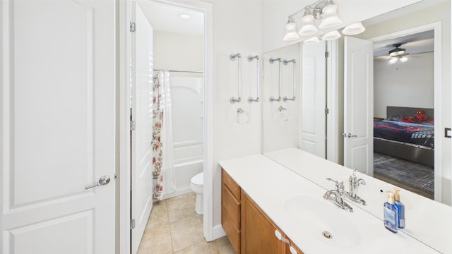 3929 Derby Cir, Quartz Hill, CA 93536 - full bathroom featuring vanity, tile patterned flooring, toilet, ceiling fan, and shower / tub combo