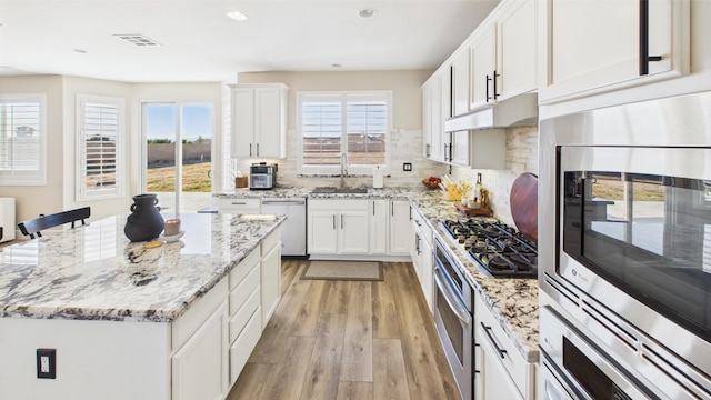 3929 Derby Cir, Quartz Hill, CA 93536 - kitchen featuring appliances with stainless steel finishes, a sink, light wood-style flooring, under cabinet range hood, and white cabinets
