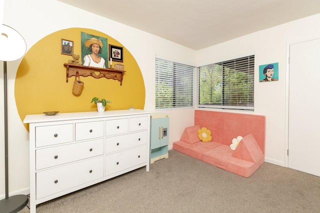 living area featuring light colored carpet