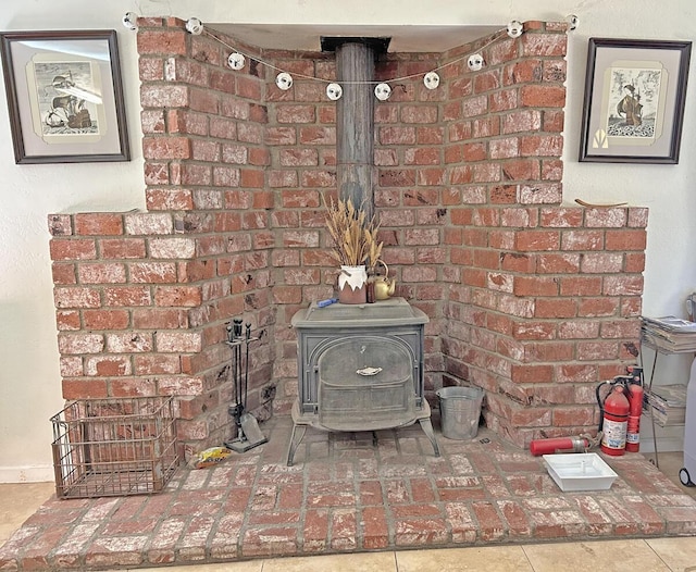 room details featuring a wood stove