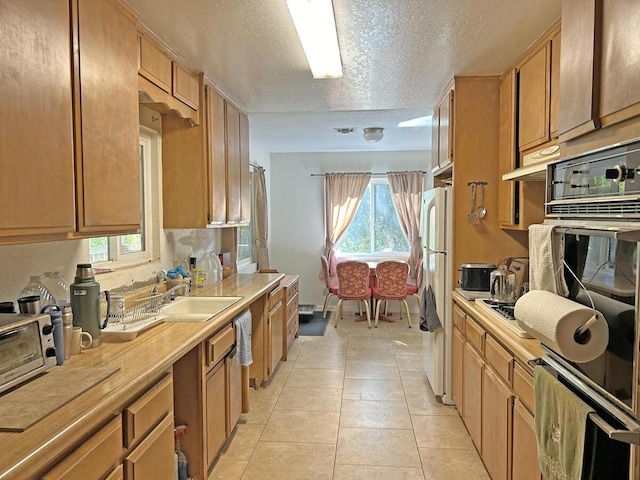 42930 Lake Hughes Rd, Lake Hughes, CA 93532 - kitchen with sink, oven, white fridge, a textured ceiling, and light tile patterned flooring