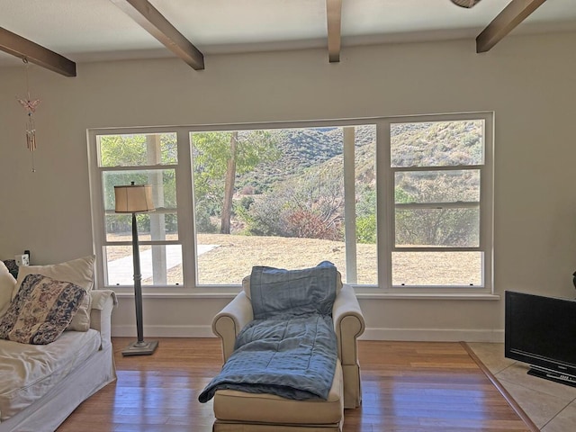 42930 Lake Hughes Rd, Lake Hughes, CA 93532 - living room featuring beam ceiling, wood-type flooring, and a wealth of natural light