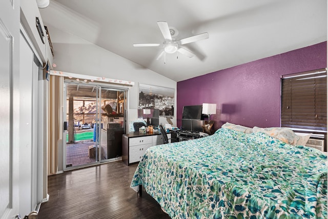 bedroom with vaulted ceiling, ceiling fan, dark hardwood / wood-style flooring, and access to outside