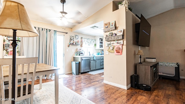 2839 Minford St, Lancaster, CA 93536 - kitchen with dishwasher, vaulted ceiling, ceiling fan, and wood finished floors