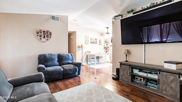 2839 Minford St, Lancaster, CA 93536 - living room featuring wood finished floors, lofted ceiling, and a ceiling fan