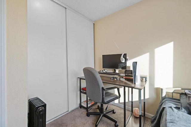 office area with carpet and a textured ceiling