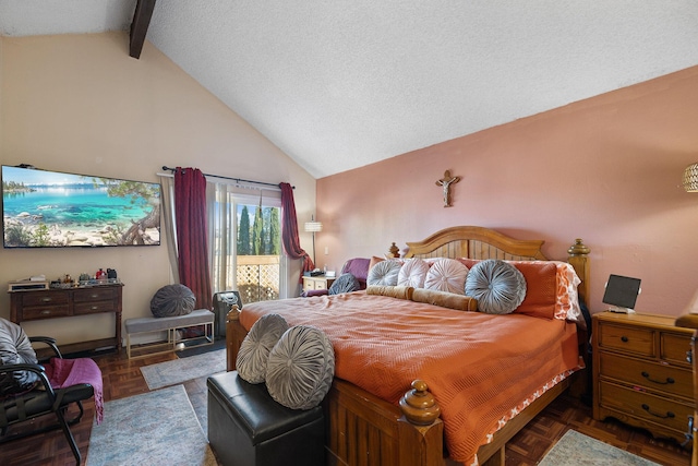 bedroom featuring lofted ceiling with beams, dark parquet flooring, and a textured ceiling