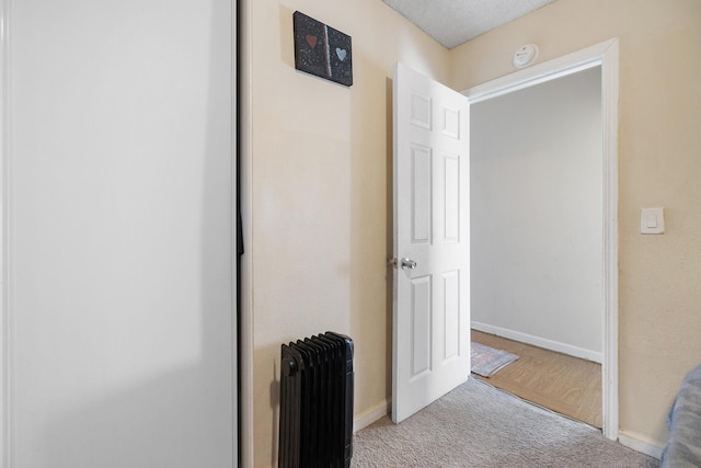 hallway with radiator and light carpet