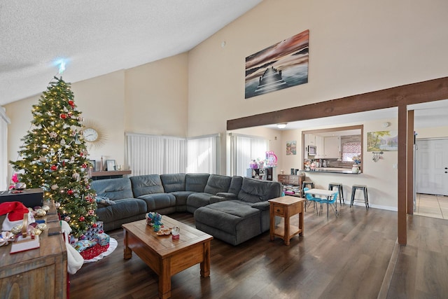 living room featuring hardwood / wood-style flooring, a towering ceiling, and a textured ceiling