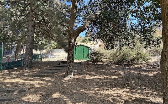 view of yard featuring a storage unit