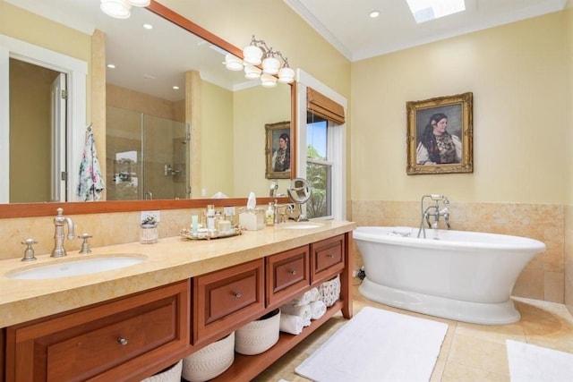 65-1104 Hokuula Rd, Kamuela, HI 96743 - bathroom with a shower stall, a freestanding tub, double vanity, tile walls, and tile patterned floors