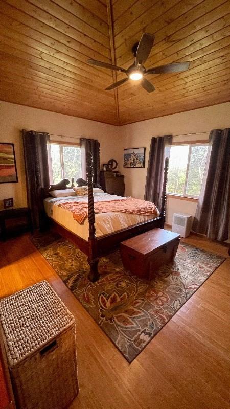 11-3324-A Mokuna St, Volcano, HI 96785 - bedroom featuring multiple windows, wood finished floors, vaulted ceiling, and a ceiling fan