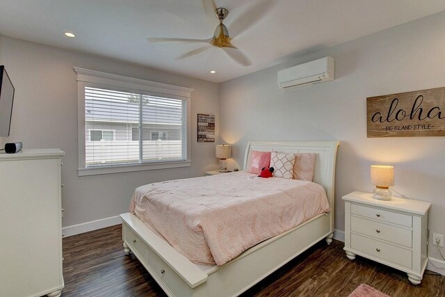 3047 Lou St, Hilo, HI 96720 - bedroom with a wall unit AC, dark wood-style flooring, baseboards, a ceiling fan, and recessed lighting