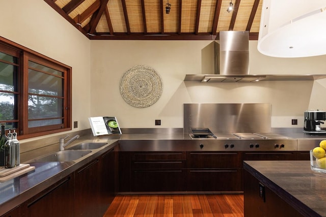 4221 Anini Vista Dr # A, Kilauea, HI 96754 - kitchen with stainless steel counters, wood ceiling, dark brown cabinets, dark wood-style flooring, and island range hood