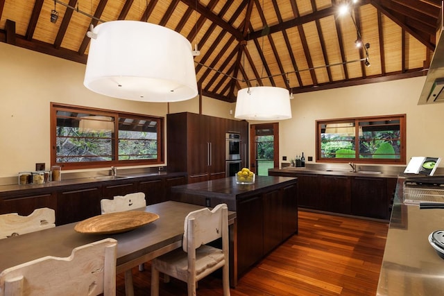 4221 Anini Vista Dr # A, Kilauea, HI 96754 - kitchen with high vaulted ceiling, stainless steel counters, dark wood-style flooring, a sink, and wooden ceiling with exposed beams