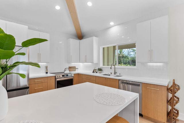 15-1757 4th Ave, Keaau, HI 96749 - kitchen featuring stainless steel appliances, a sink, tasteful backsplash, light countertops, and beamed ceiling