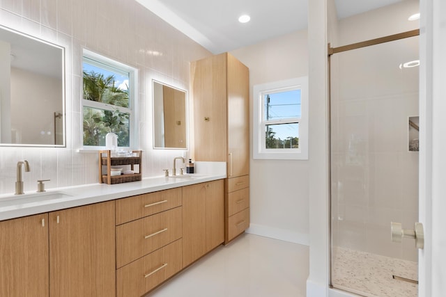15-1757 4th Ave, Keaau, HI 96749 - bathroom featuring healthy amount of natural light, double vanity, a shower stall, and backsplash